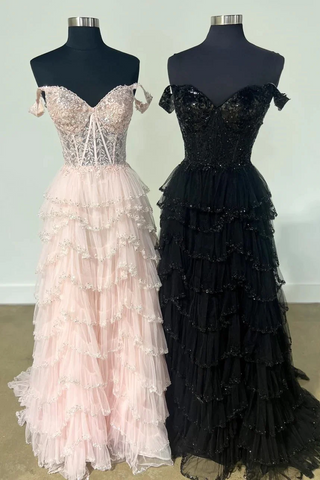 Champagne Floral Layers Sequined Long Prom Dresses