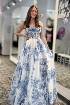 A-Line Scoop Neck Blue Floral Printed Long Prom Dresses