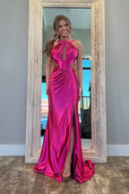 Satin Mermaid Halter Keyhole Fuchsia Long Prom Dresses
