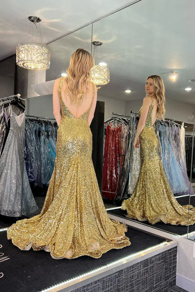 Gold V Neck Sequins Mermaid Prom Dresses,BD93225