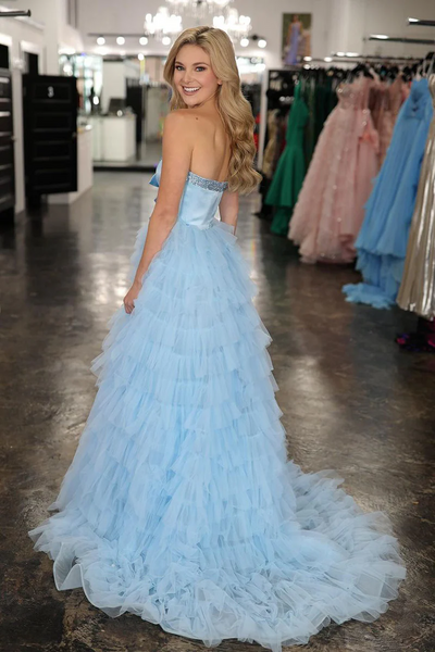 Light Blue Sweetheart Tiered Tulle Long Prom Dresses,BD93332
