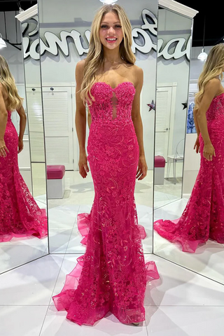 Fuchsia Sweetheart Tulle Lace Long Prom Dresses with Appliques,BD93309