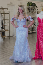 Mermaid Off the Shoulder Lilac Sequins Long Prom Dresses