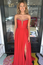 A Line V Neck Red Chiffon Long Prom Dresses