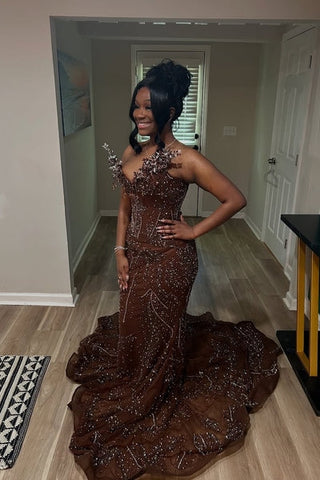 V-neck Elegant Sparkle Brown Mermaid Court Train Sleeveless Prom Dresses