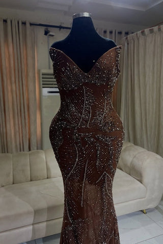 V-neck Elegant Sparkle Brown Mermaid Court Train Sleeveless Prom Dresses