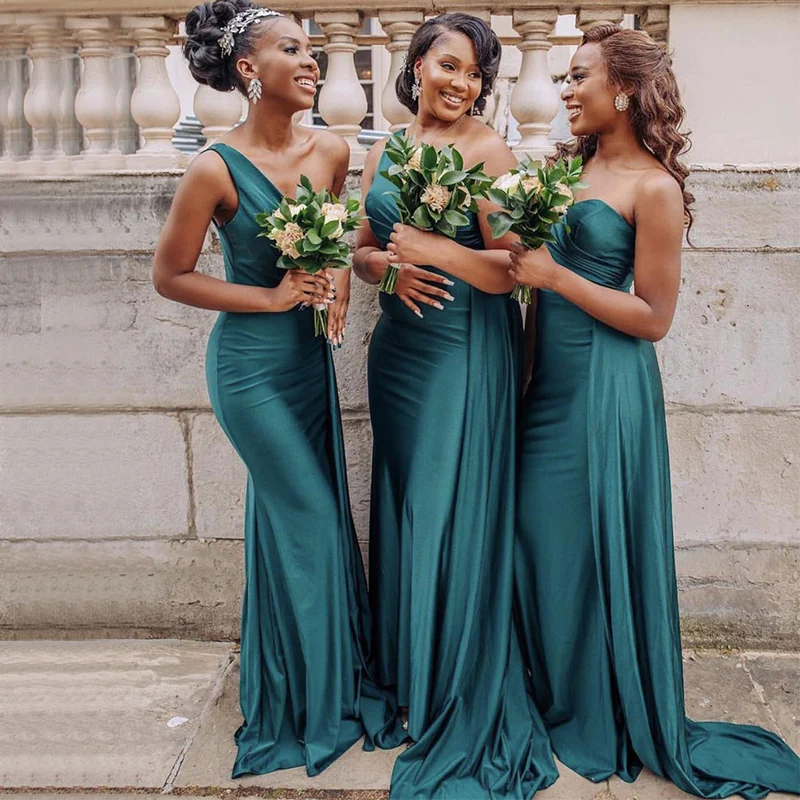 Elegant One-Shoulder Emerald Green Mermaid Long With Tail Bridesmaid Dresses Custom Color / US12