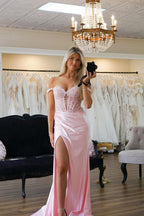 Charming Sweetheart Mermaid Pink Satin Long Prom Dresses
