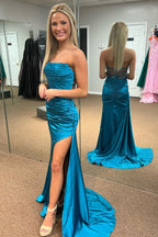long Mermaid Strapless Teal Satin Lace-Up Prom Dresses