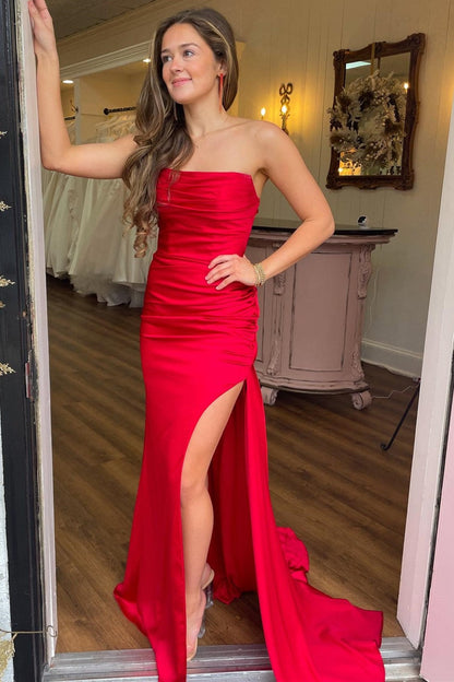 long Mermaid Strapless Teal Satin Lace-Up Prom Dresses