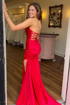 long Mermaid Strapless Teal Satin Lace-Up Prom Dresses