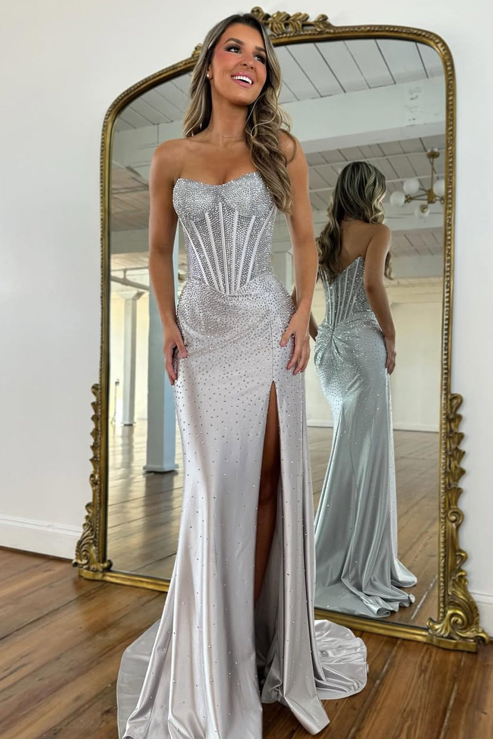 Mermaid Strapless Yellow Corset Beaded Prom Dress