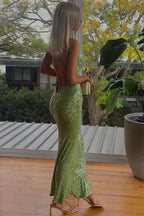 Mermaid Cowl Neck Sage Green Sequins Long Prom Dress