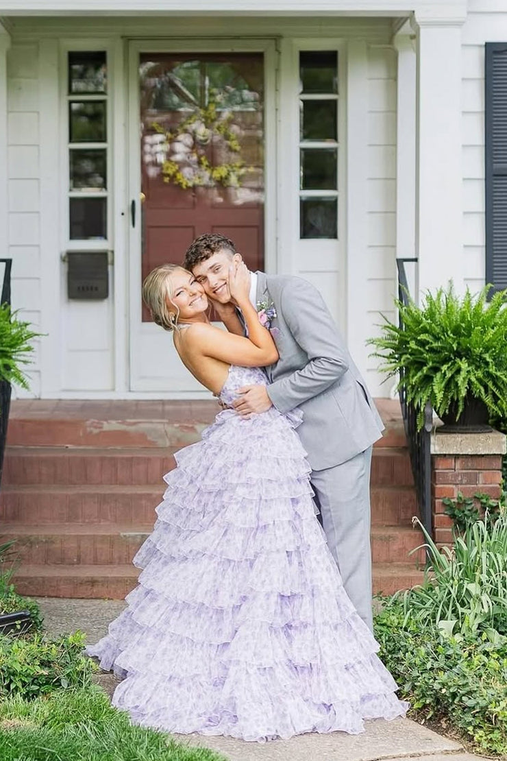 A Line Halter Floral Tulle Tiered Prom Dresses