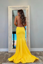 Mermaid V Neck Yellow Elastic Satin Prom Dresses
