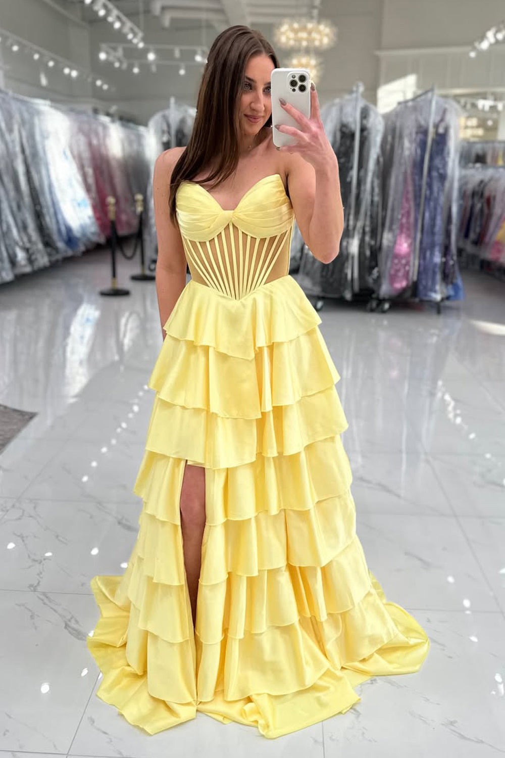 A-Line Strapless Sweetheart Yellow Satin Tiered Long Prom Dress