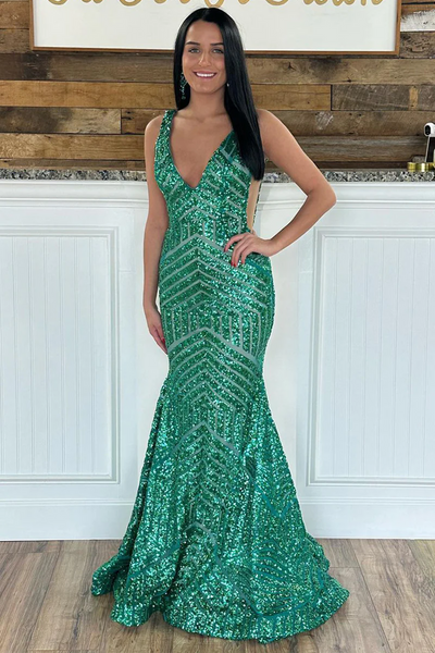 Mermaid Dark Green Sequins V Neck Long Prom Dresses,BD93114