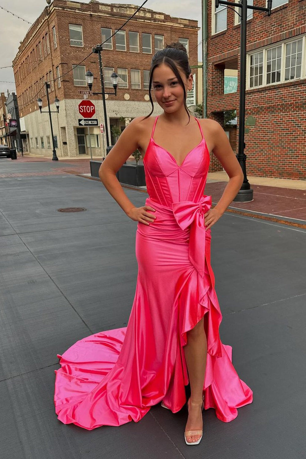 V Neck Hot Pink Satin Slit Mermaid Prom Dresses