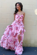 A Line Pink Chiffon Floral Print Satin Long Prom Dresses