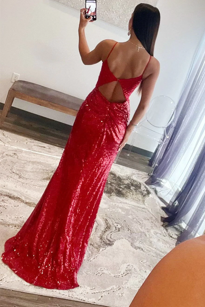 Red Sequin Mermaid Plunge V Backless Prom Dresses,BD93171