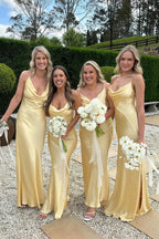 Sheath V Neck Yellow Silk Satin Bridesmaid Dresses