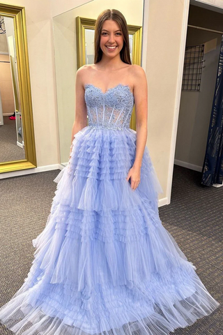 A-Line Ruffle Tiered Tulle Long Prom Dresses with Appliques,BD93316