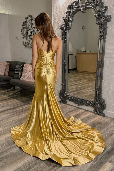 Mermaid Sweetheart Gold Satin Long Prom Dresses,BD93277