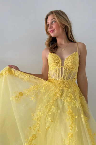A-Line V Neck Yellow Tulle Lace Long Prom Dresses,BD93263