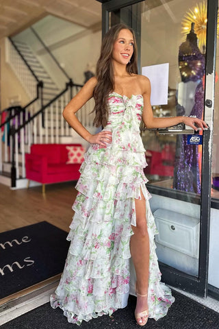 Floral Ruffle Tiered Strapless Sweetheart Pleats Long Prom Dress