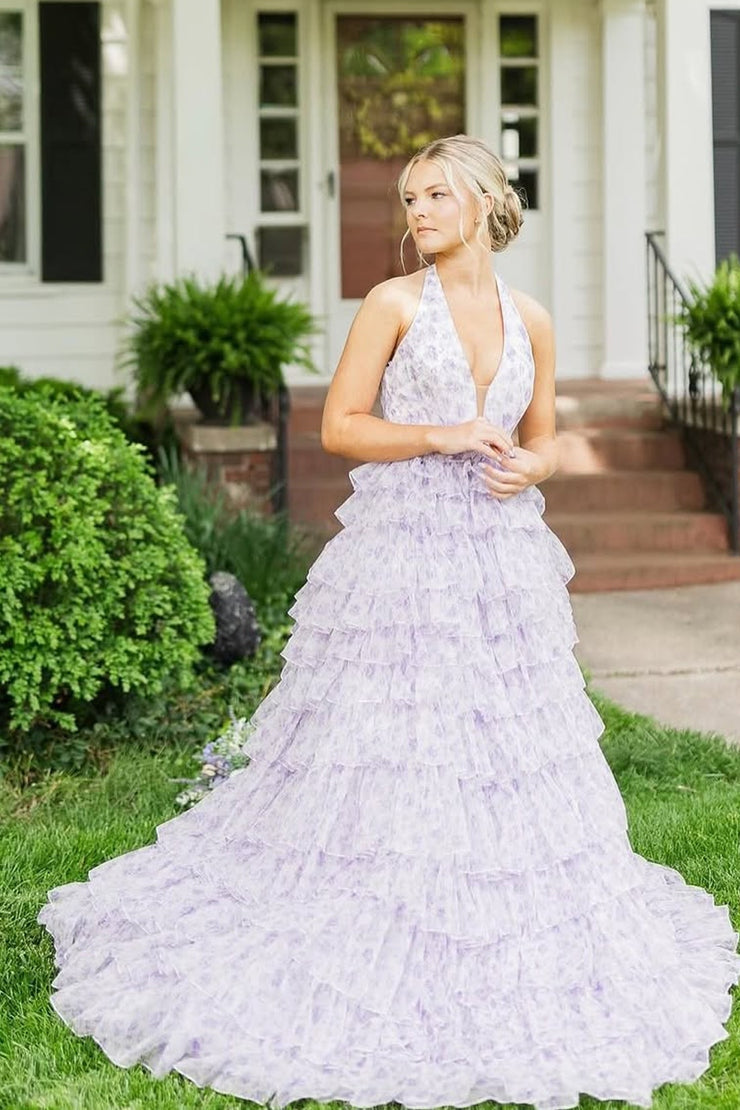 A Line Halter Floral Tulle Tiered Prom Dresses