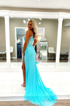 Scoop Neck Aqua Beading Mermaid Prom Dresses
