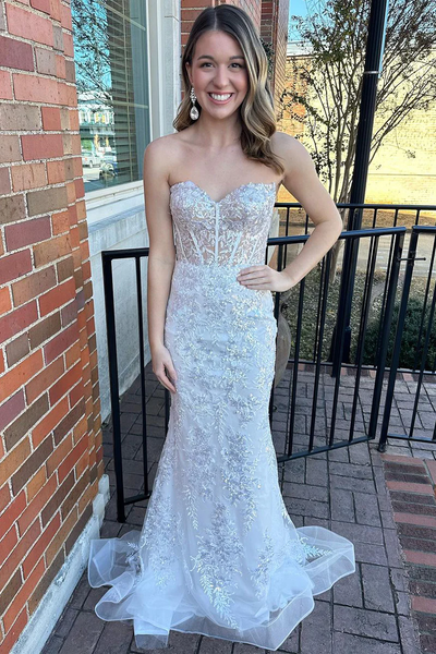 White Mermaid Lace Long Sweetheart Prom Dresses ,BD930851