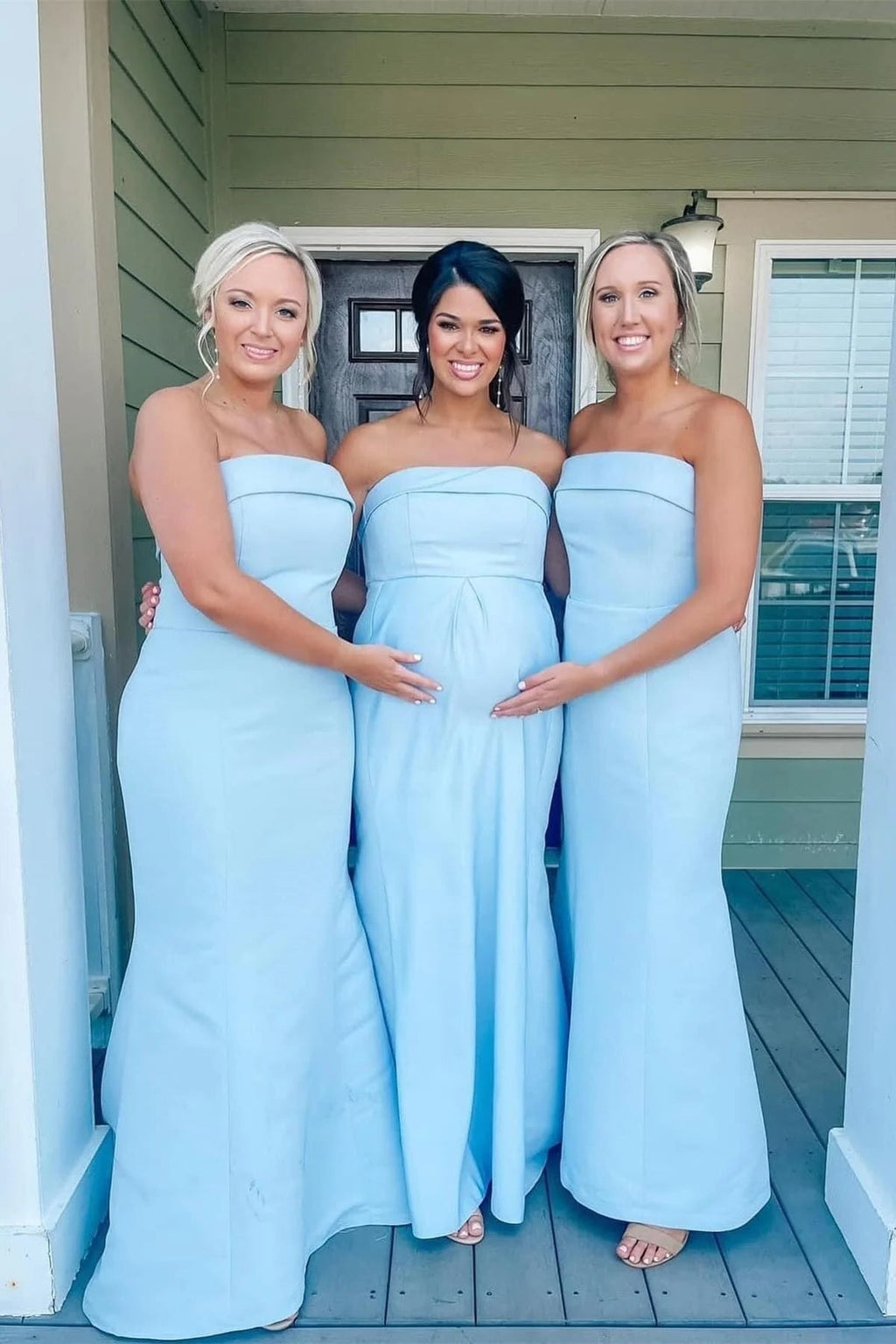 Simple Sheath Strapless Light Blue Satin Bridesmaid Dresses