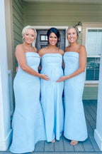 Simple Sheath Strapless Light Blue Satin Bridesmaid Dresses