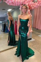Mermaid Strapless Dark Green Long Satin Prom Dresses