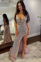 Blush Sequins Mermaid V Neck Prom Dresses