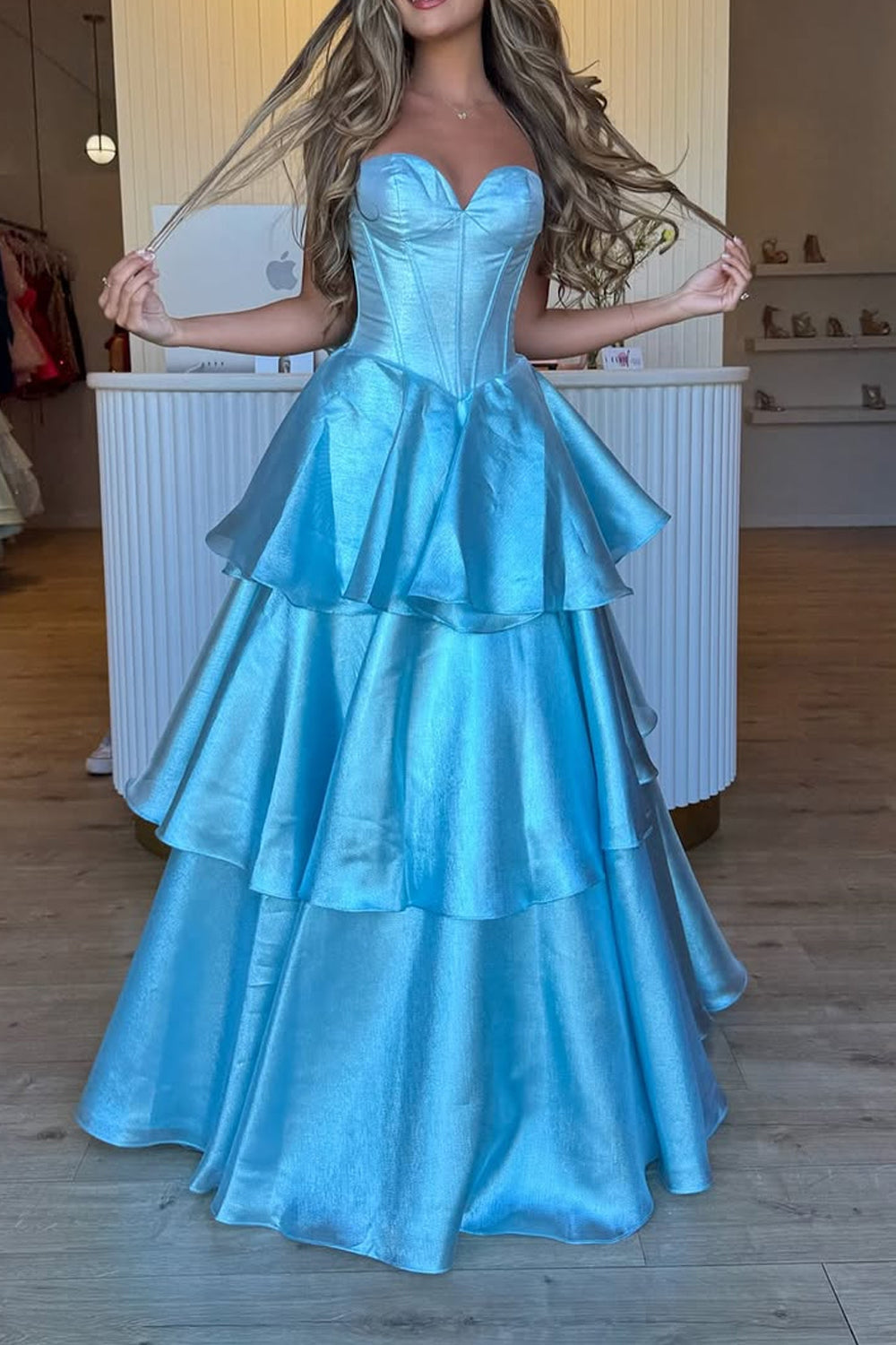 A-Line Strapless Light Blue Ruffle Tiered Long Prom Dresses