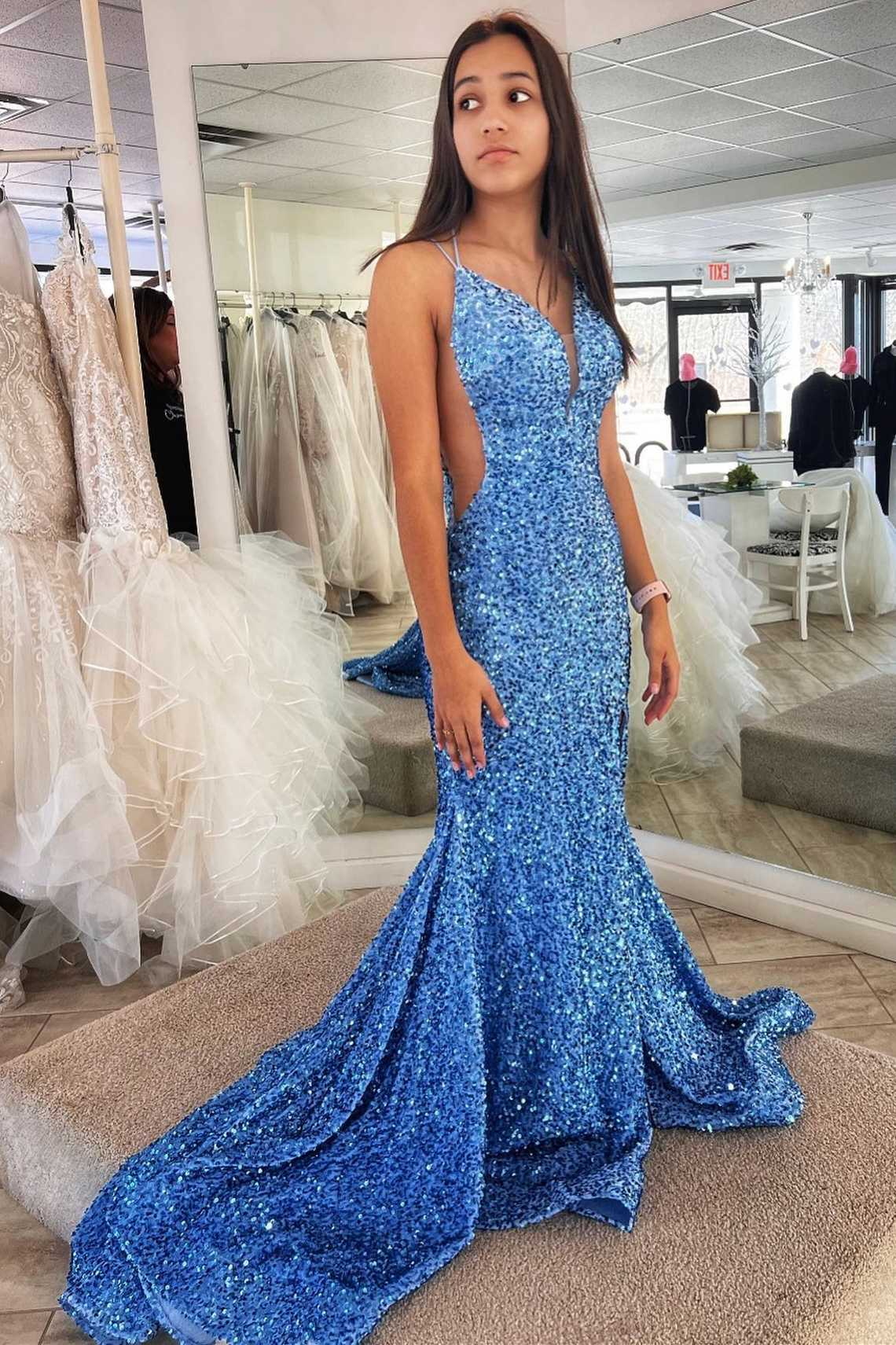 chinese dress ladies Iridescent Sequin Off Shoulder V-Neck Long Sleeve Mermaid Prom Dress main image 0
