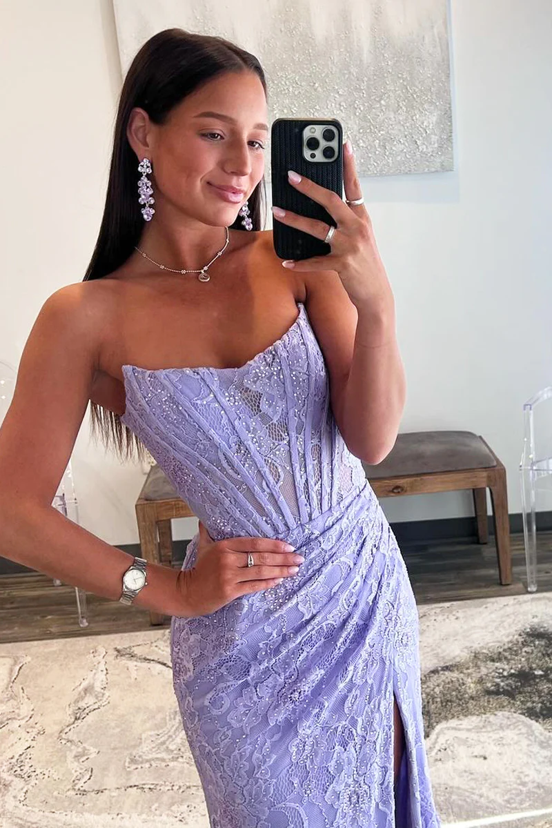 Lavender Lace Strapless Long Mermaid Prom Dresses