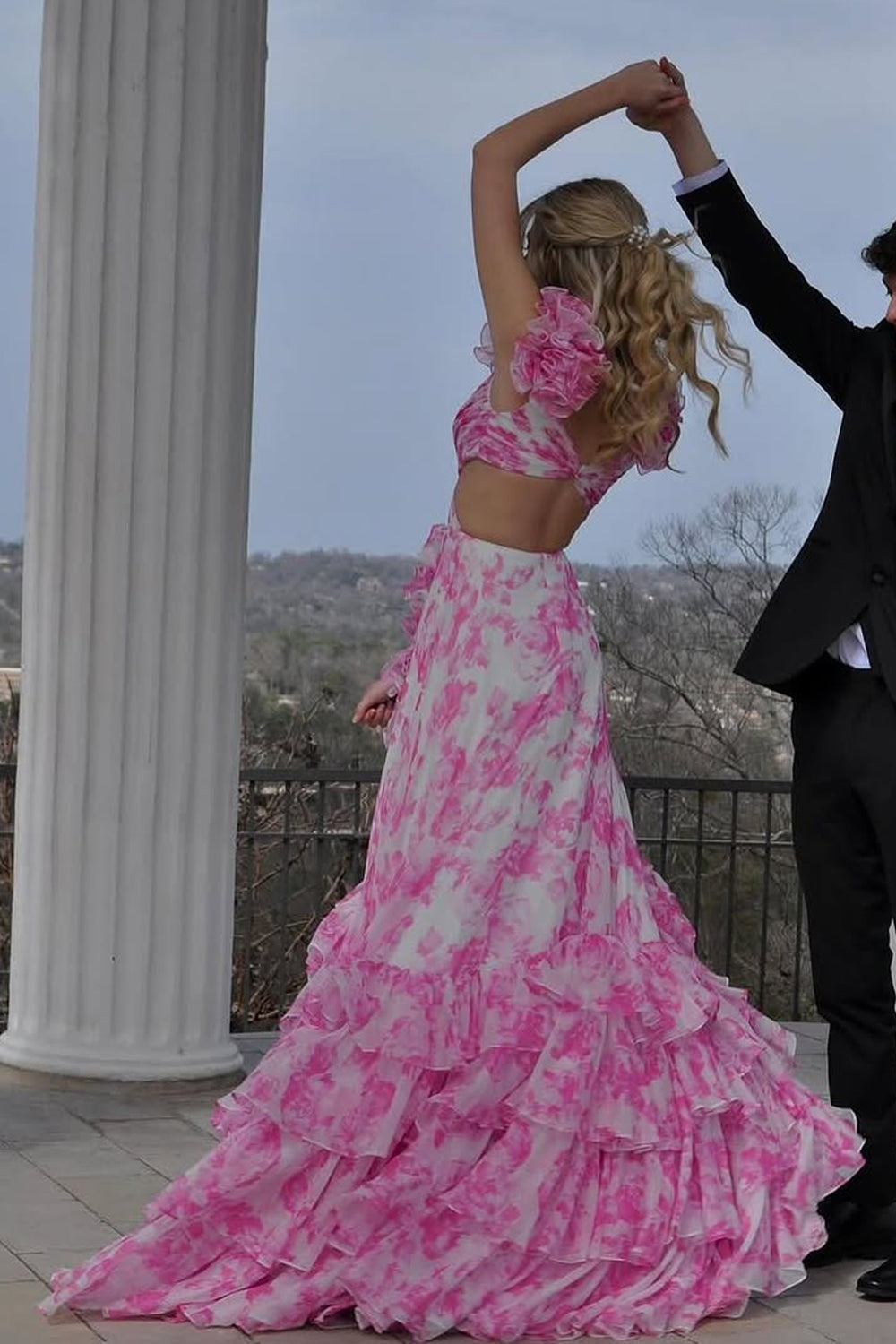 A-Line V Neck Pink Floral Printed Chiffon Ruffle Tiered Long Prom Dresses