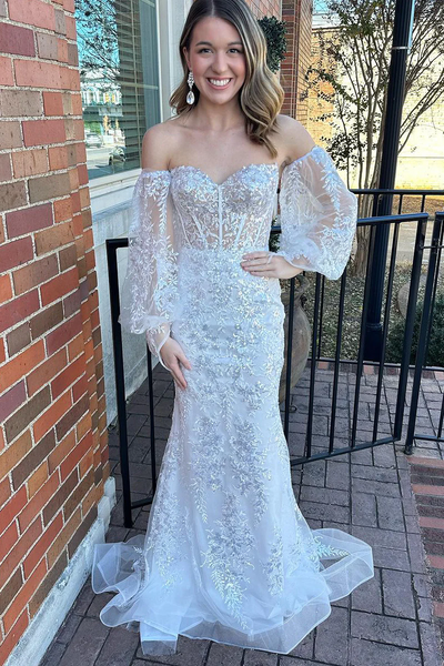 White Mermaid Lace Long Sweetheart Prom Dresses ,BD930851