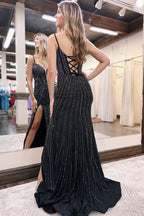 V Neck Red Slit Mermaid Prom Dresses with Beading