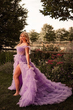 Off the Shoulder Lilac Tiered Tulle Slit Prom Dresses