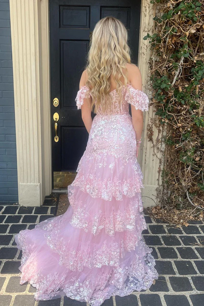 Pink Off the Shoulder Tiered Sequin Tulle Mermaid Long Prom Dresses,BD93215