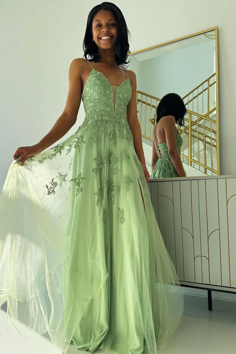 Sage Green V Neck Tulle A-Line Long Prom Dresses
