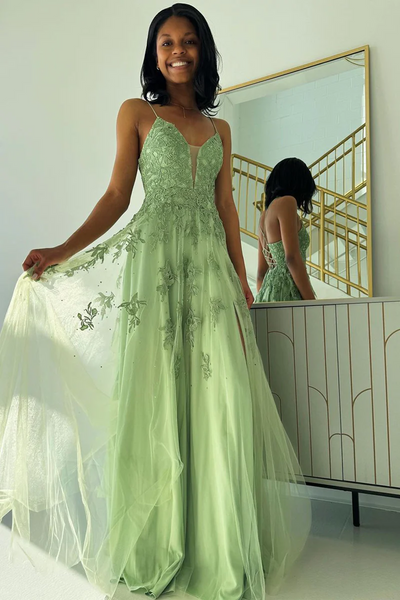 Sage Green V Neck Tulle A-Line Long Prom Dresses,BD93235