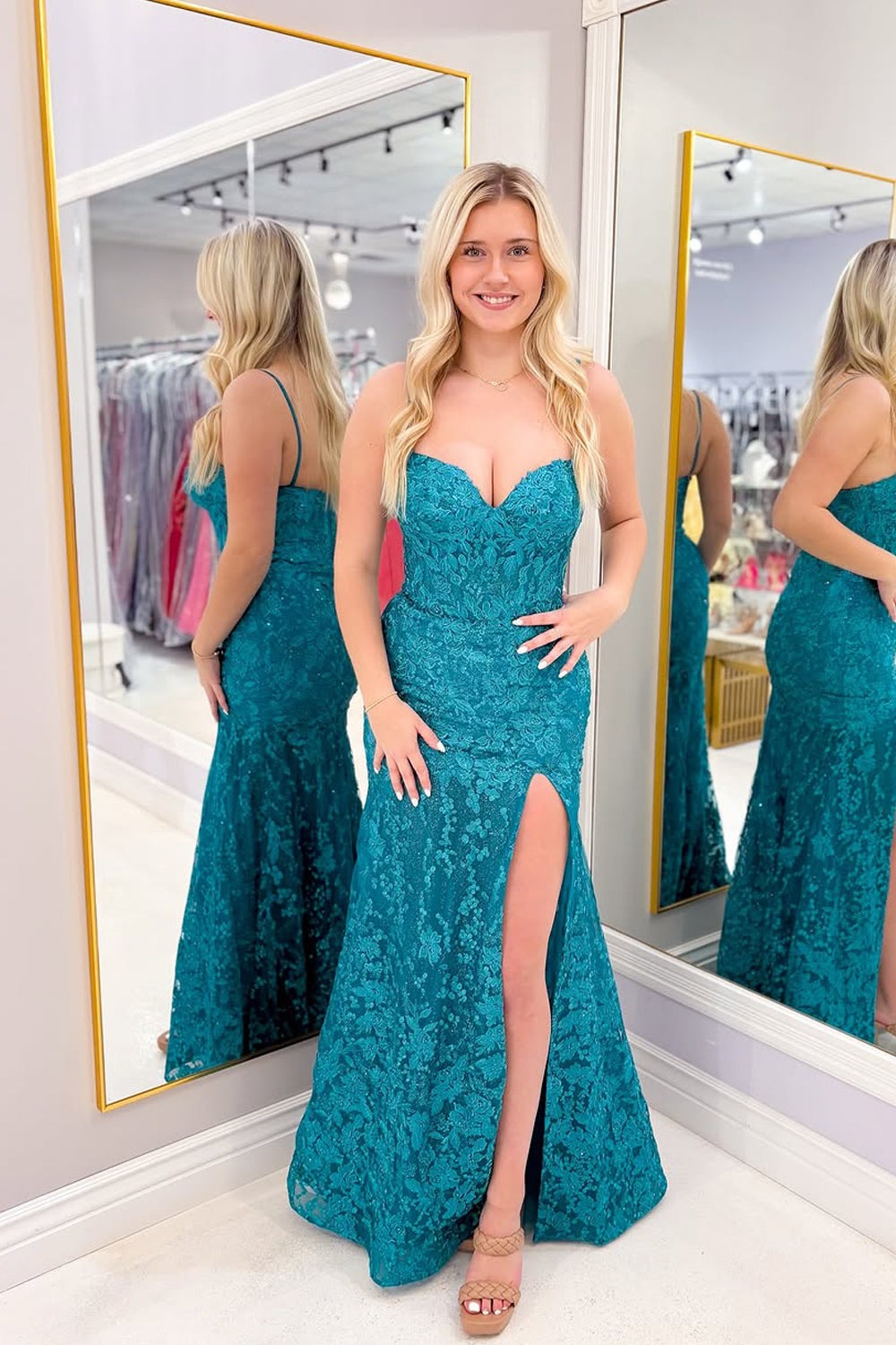 Mermaid Long Sweetheart Teal Lace Prom Dresses