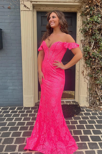 Fuchsia Off the Shoulder Lace Mermaid Long Prom Dresses,BD93258