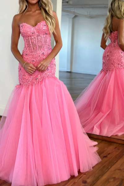 Pink Corset Sweetheart Tulle Mermaid Long Prom Dresses,BD93139