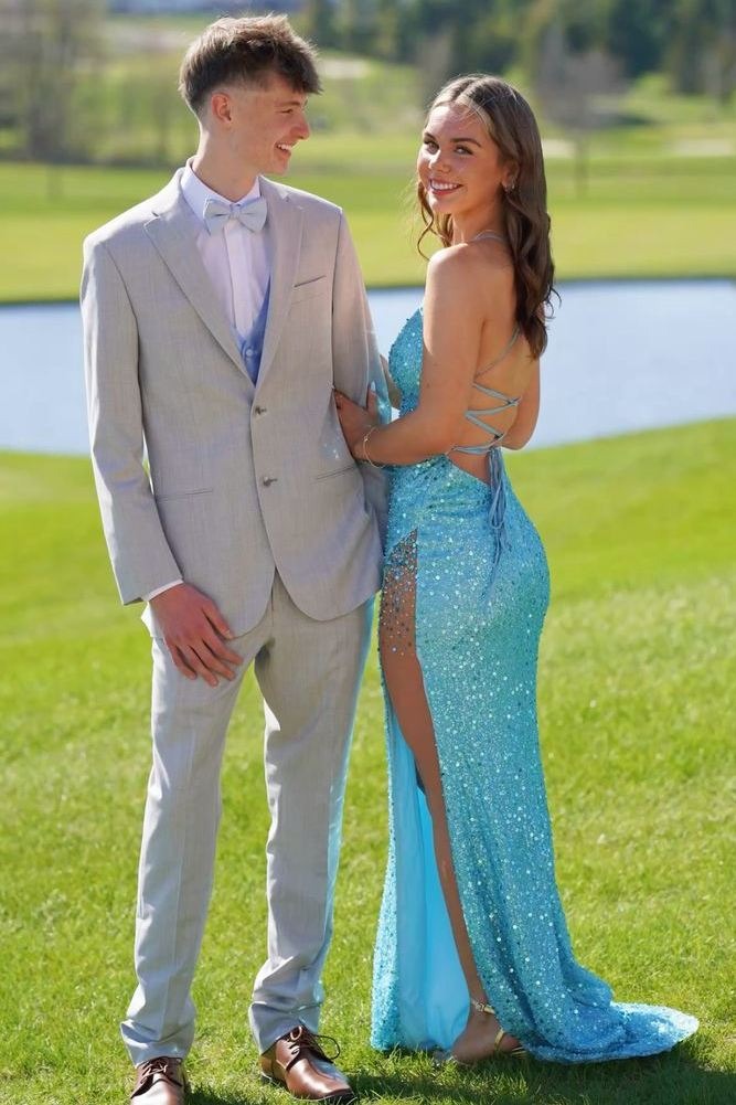 Robe de bal longue sirène à fines bretelles et sequins bleus